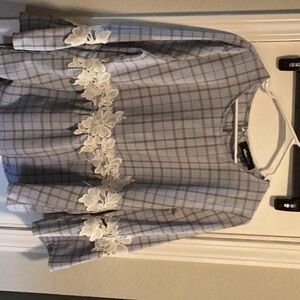 Alice Blue Plaid Blouse with White Floral Details